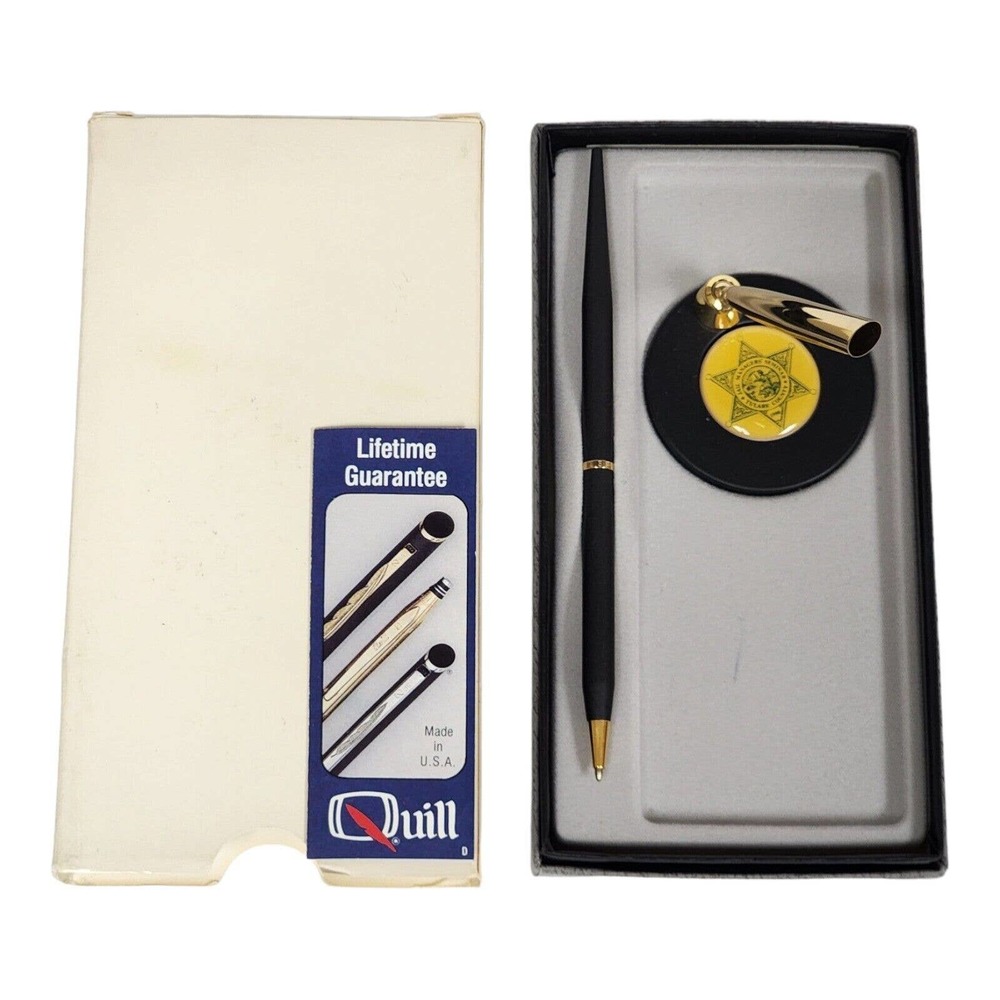 Vtg Quill Desk Pen Set Black Gold Tone Jail Managers' Seminar Tulare County